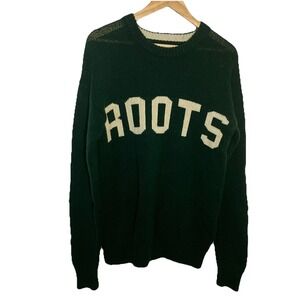 Roots Spellout Sweater Mens M Green Varsity Wool Knit Green Outdoor Gorpcore